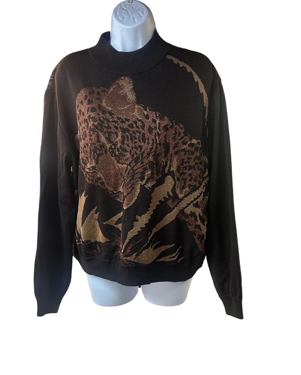 St John Sport Marie Gray Intarsia Leopard Sweater M Metallic Animal USA